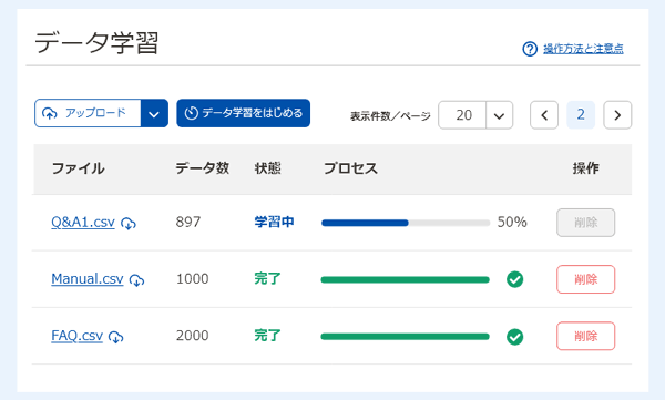 画面からFAQ等のデータをアップロードするだけでAIが独⾃学習を開始